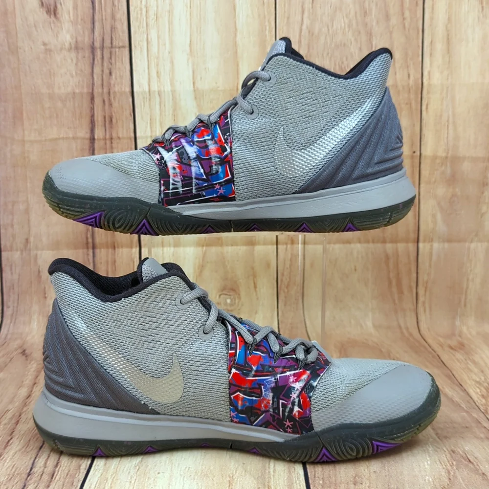 NIKE Kids Kyrie 5 Graffiti Basketball Shoes Sz 5.5Y Gray Purple Multicol…